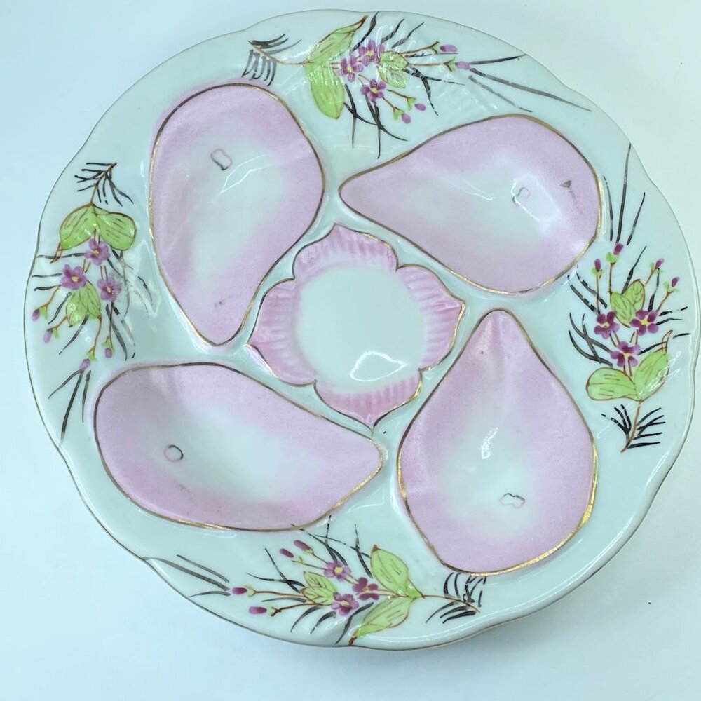 Vintage Nippon Oyster plate, hand painted, roses, dogwood, pink, 9" c1920 A399